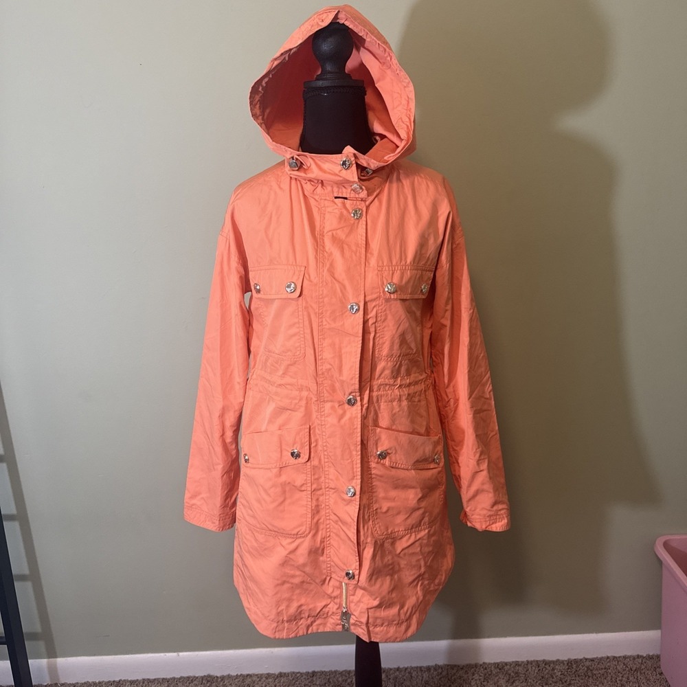 Versace Jeans Couture Raincoat‎ Orange With Hood Silver Buttons Women's Size 2